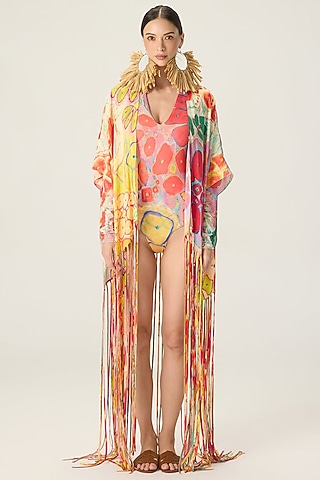 Multi-Colored Stretch Jersey Floral Printed Bodysuit With Cape by Saaksha & Kinni