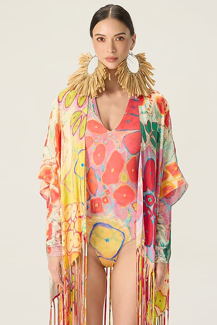 Multi-Colored Stretch Jersey Floral Printed Bodysuit With Cape by Saaksha & Kinni at Pernia's Pop Up Shop