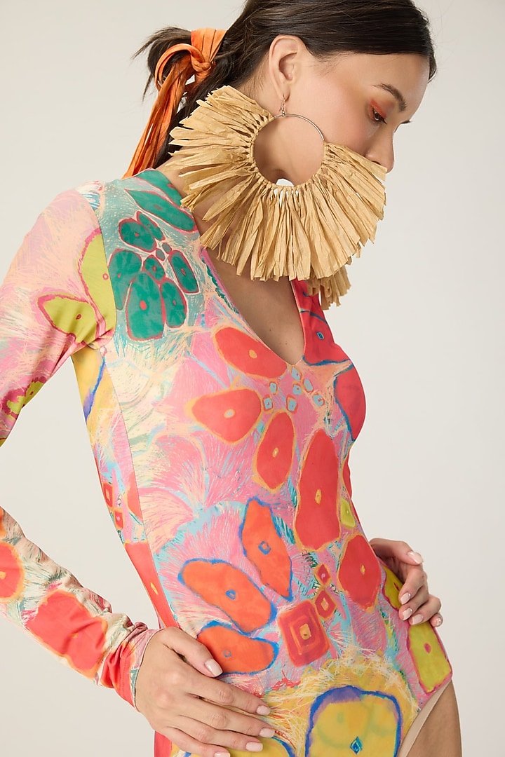 Multi-Colored Stretch Jersey Floral Printed Bodysuit With Cape by Saaksha & Kinni at Pernia's Pop Up Shop