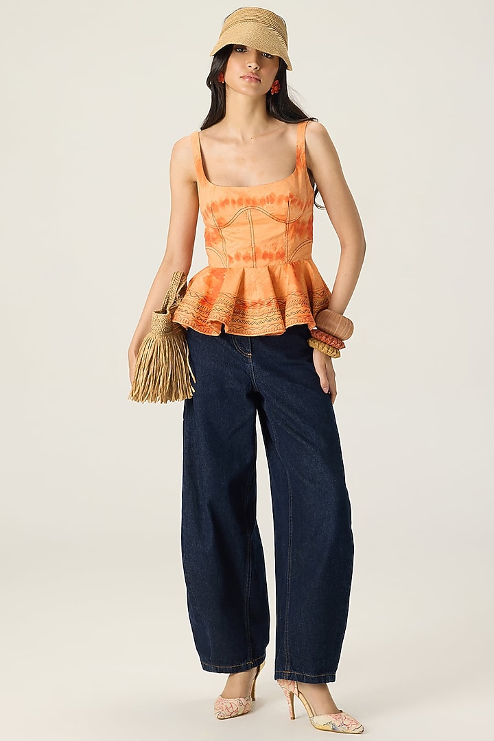 Orange Stretch Cotton Leheriya Printed Peplum by Saaksha & Kinni at Pernia's Pop Up Shop