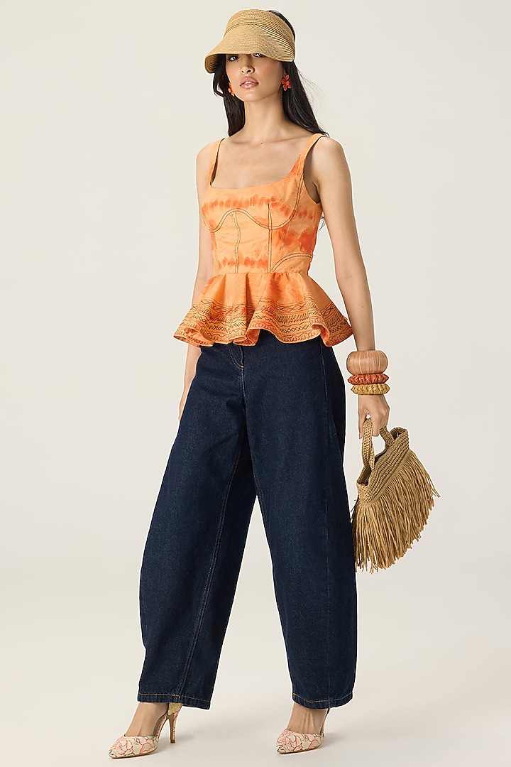 Orange Stretch Cotton Leheriya Printed Peplum by Saaksha & Kinni at Pernia's Pop Up Shop