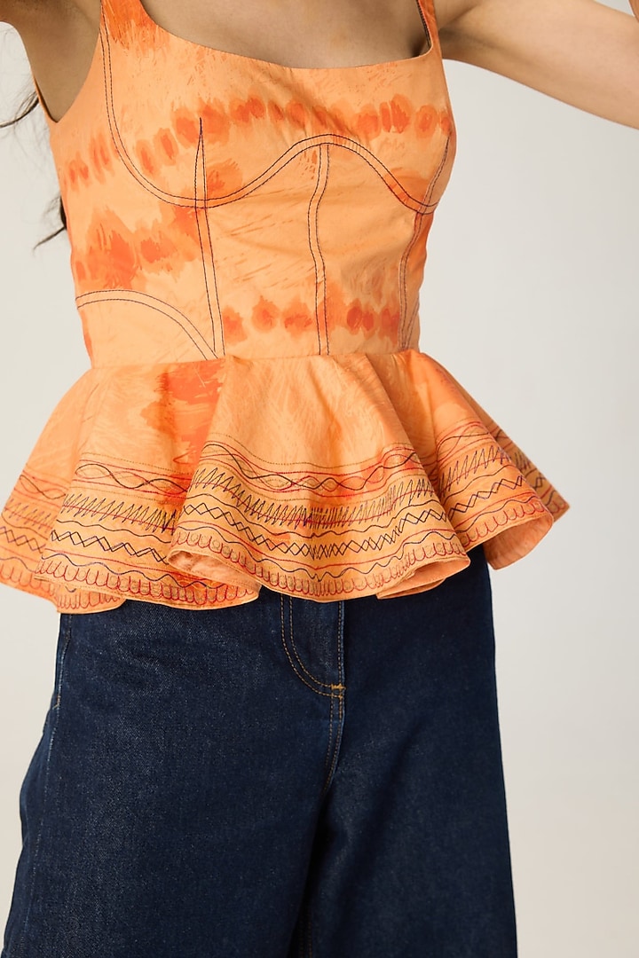 Orange Stretch Cotton Leheriya Printed Peplum by Saaksha & Kinni at Pernia's Pop Up Shop