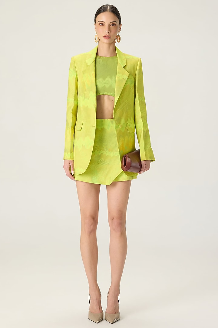 Lime Green Crepe Leheriya Printed Blazer Set by Saaksha & Kinni at Pernia's Pop Up Shop