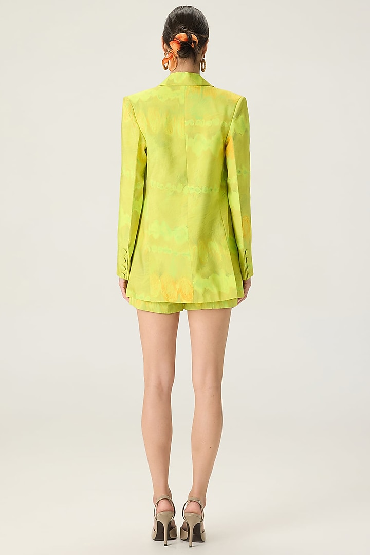 Lime Green Crepe Leheriya Printed Blazer Set by Saaksha & Kinni at Pernia's Pop Up Shop