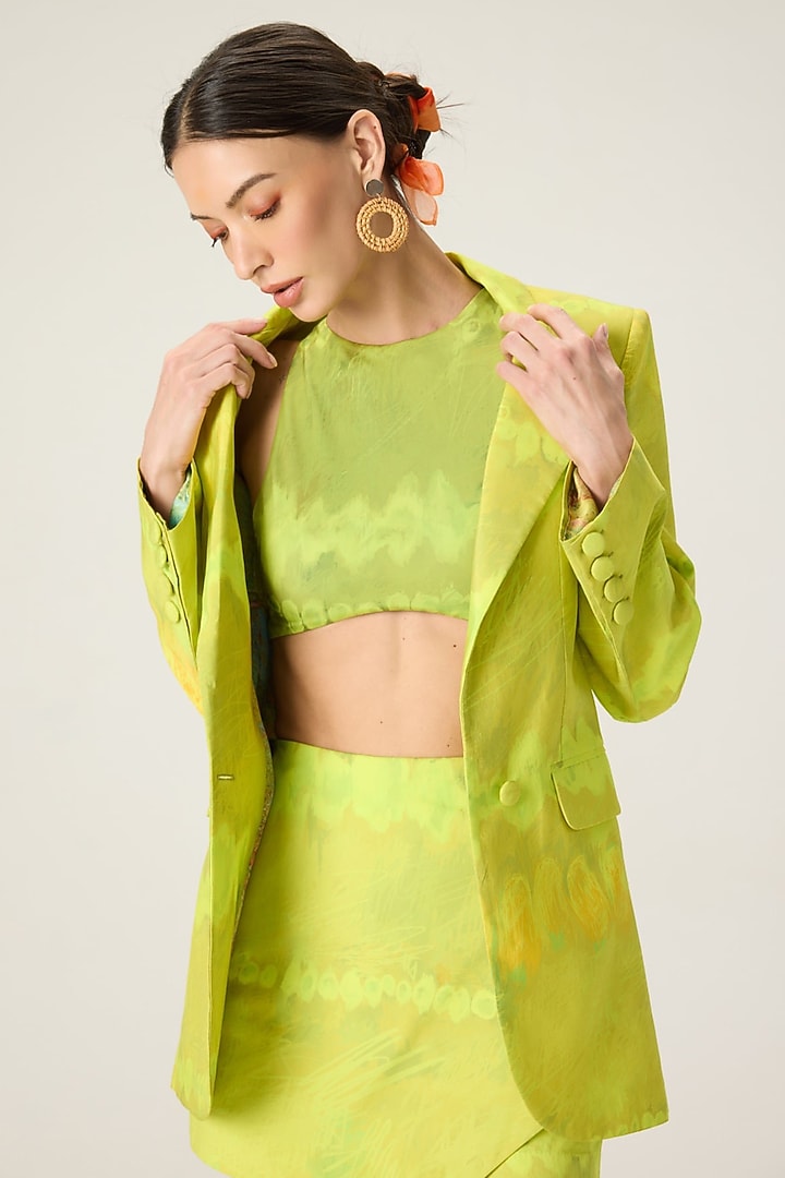 Lime Green Crepe Leheriya Printed Blazer Set by Saaksha & Kinni at Pernia's Pop Up Shop