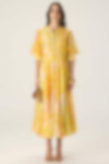 Yellow Chanderi Floral Printed Midi Vacation Dress by Saaksha & Kinni at Pernia's Pop Up Shop