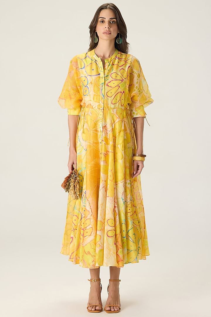 Yellow Chanderi Floral Printed Midi Vacation Dress by Saaksha & Kinni at Pernia's Pop Up Shop