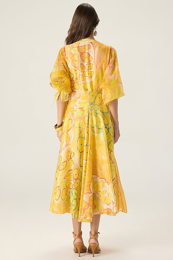 Yellow Chanderi Floral Printed Midi Vacation Dress by Saaksha & Kinni at Pernia's Pop Up Shop