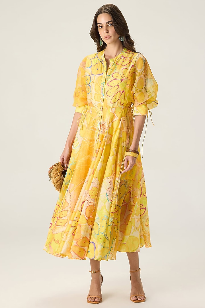 Yellow Chanderi Floral Printed Midi Vacation Dress by Saaksha & Kinni at Pernia's Pop Up Shop