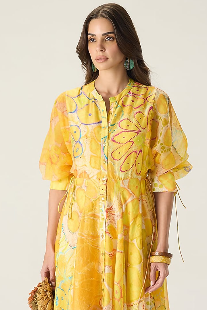 Yellow Chanderi Floral Printed Midi Vacation Dress by Saaksha & Kinni at Pernia's Pop Up Shop