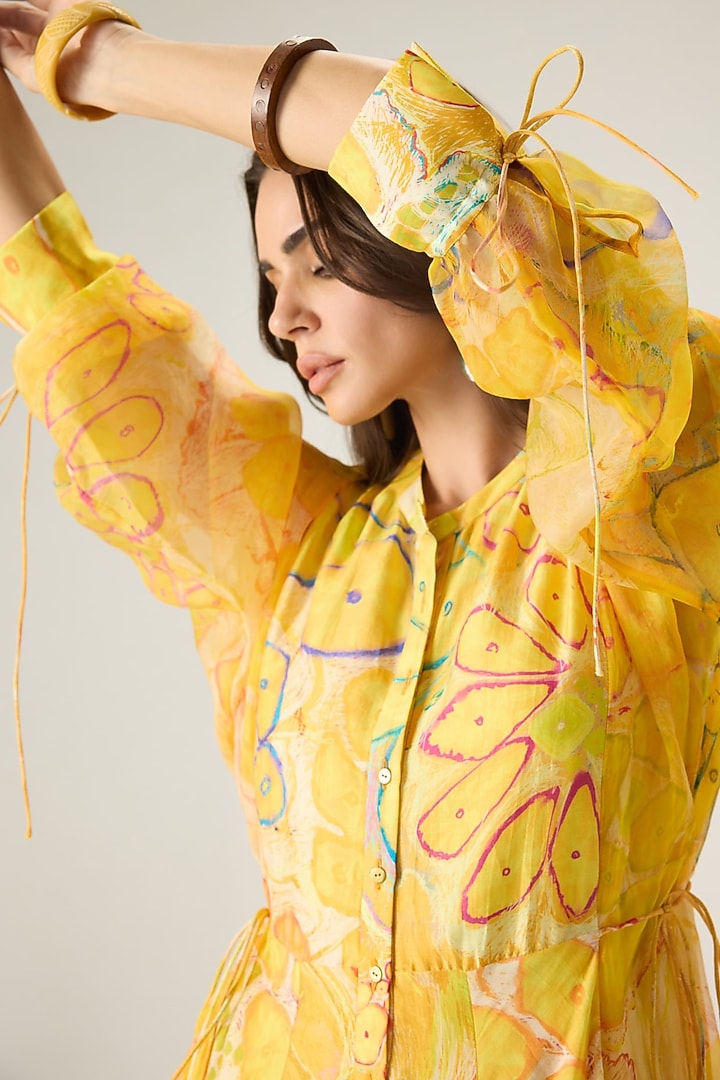 Yellow Chanderi Floral Printed Midi Vacation Dress by Saaksha & Kinni at Pernia's Pop Up Shop