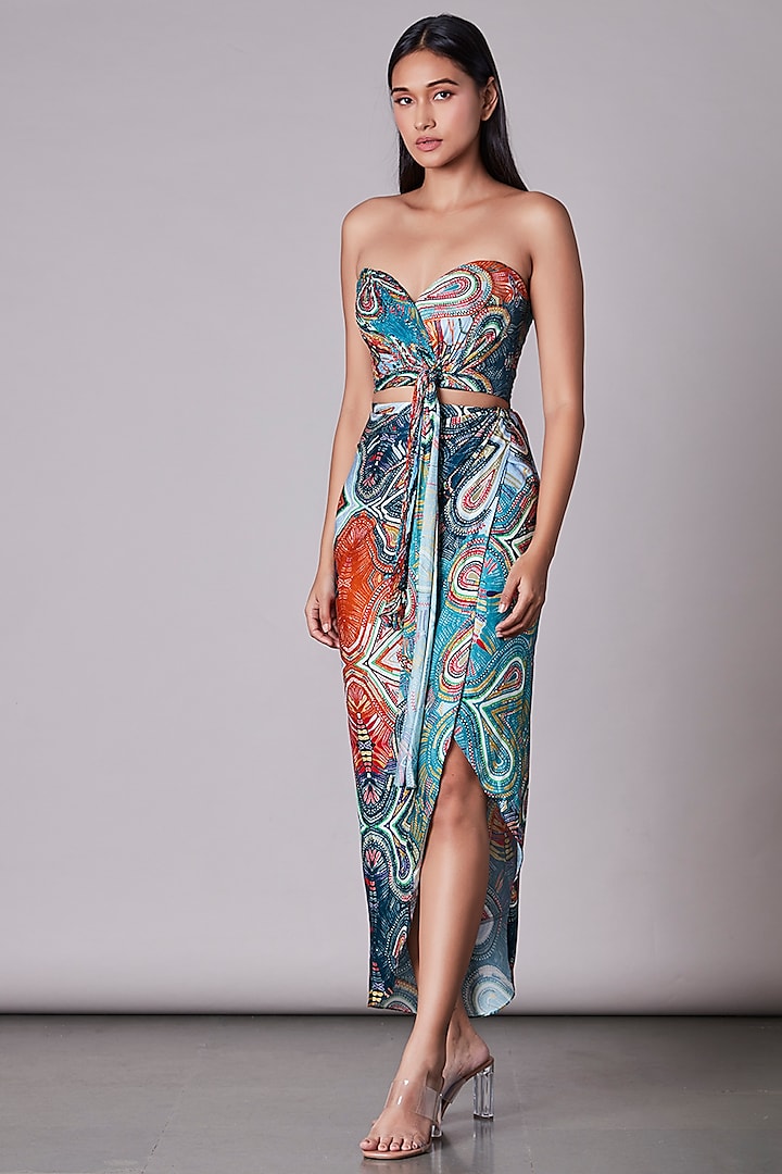 Multi-Colored Printed Asymmetrical Wrap Skirt by Saaksha & Kinni