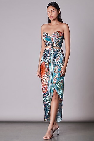 Multi-Colored Satin Swiggle Printed Asymmetric Wrap Skirt by Saaksha & Kinni