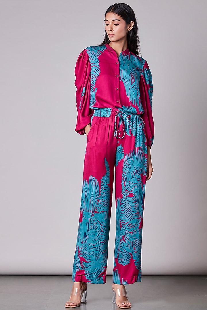Pink & Turquoise Printed Trousers by Saaksha & Kinni at Pernia's Pop Up Shop