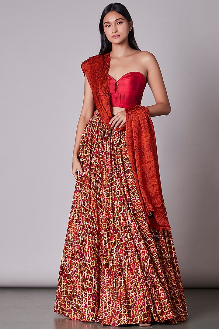 Orange & Pink Printed Lehenga by Saaksha & Kinni