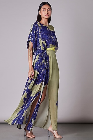 Khaki & Purple Printed Kaftan Dress by Saaksha & Kinni