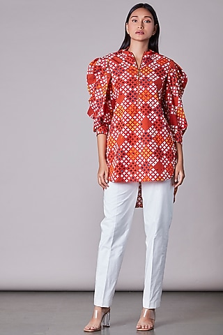 Orange Abstract Printed Blouse  by Saaksha & Kinni