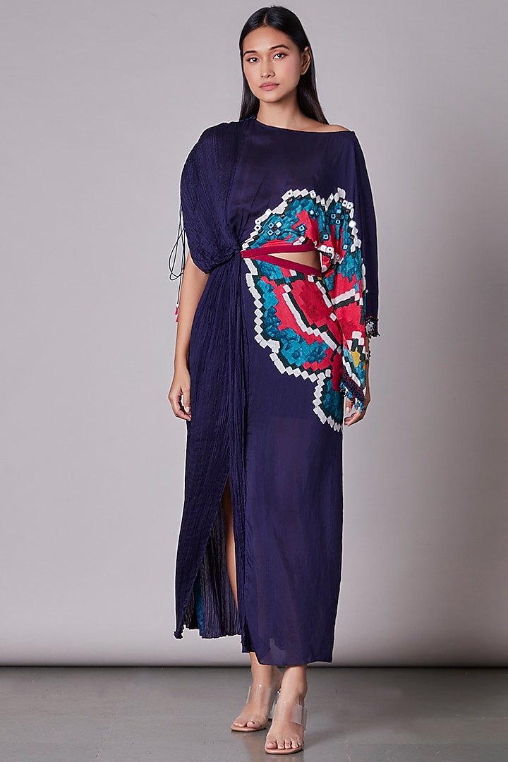 Purple Ikat Printed Kaftan Dress by Saaksha & Kinni
