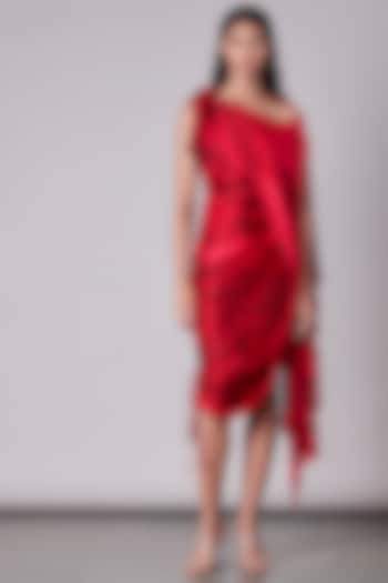 Red Printed Pleated Draped Dress by Saaksha & Kinni