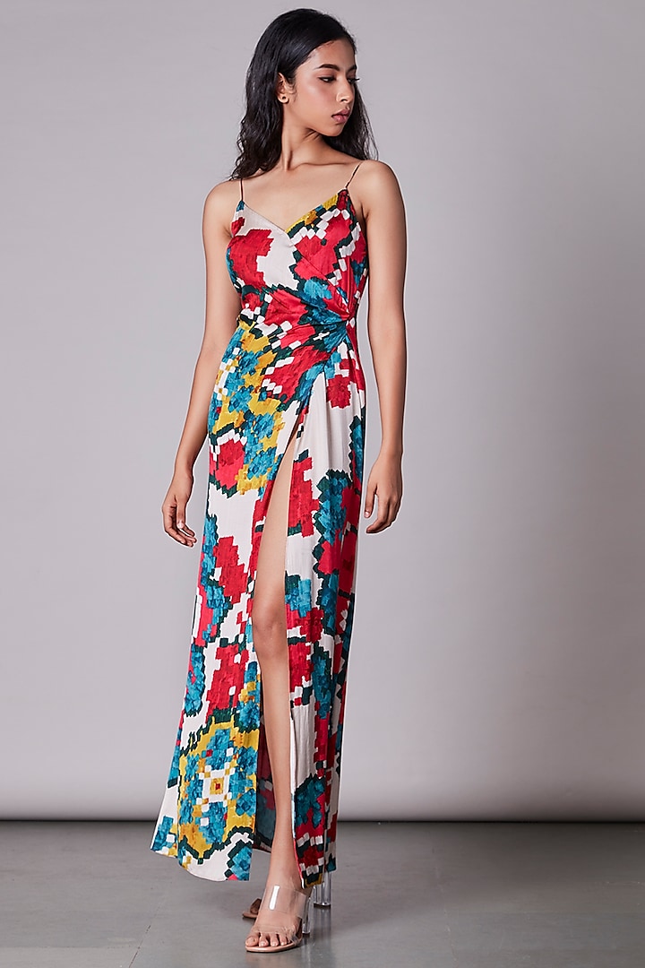 Multi-Colored Ikat Printed Overlap Dress by Saaksha & Kinni