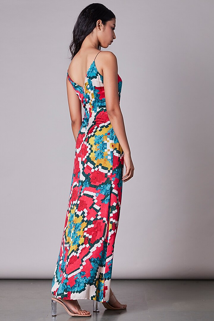 Multi-Colored Satin Ikat Printed Overlap Vacation Dress by Saaksha & Kinni at Pernia's Pop Up Shop