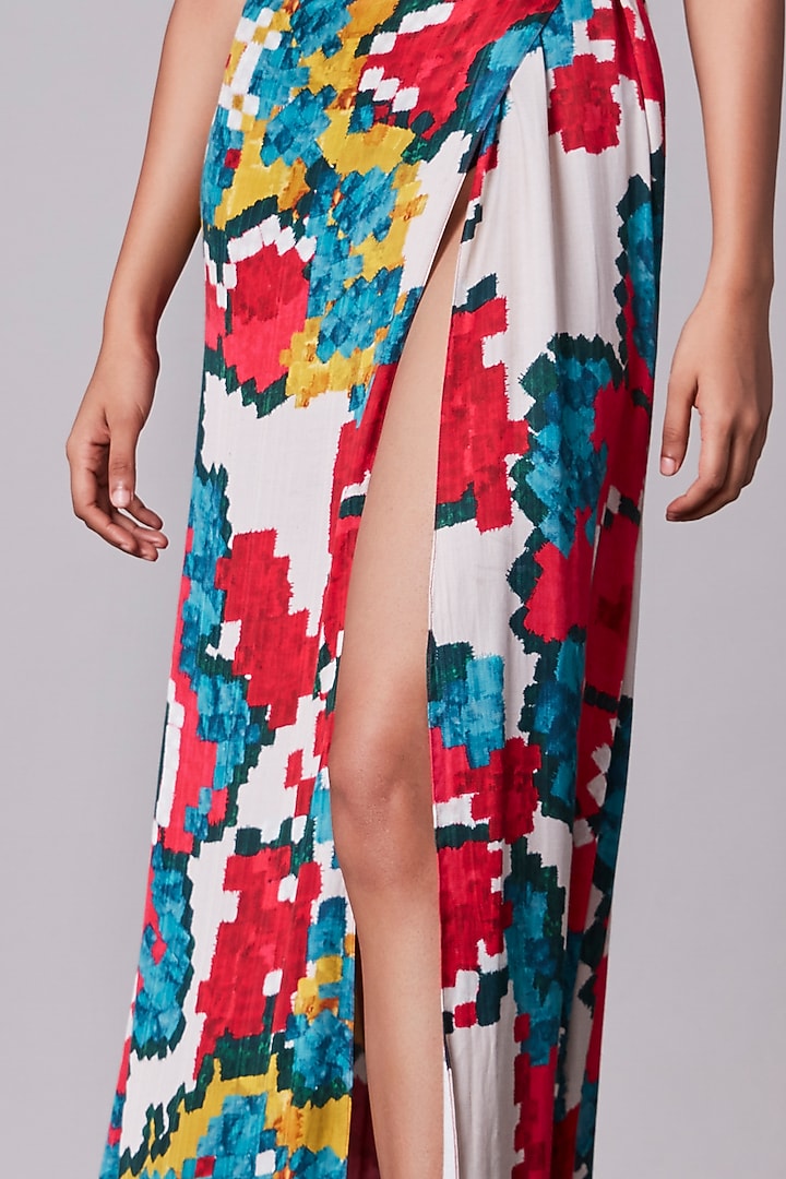 Multi-Colored Satin Ikat Printed Overlap Vacation Dress by Saaksha & Kinni at Pernia's Pop Up Shop