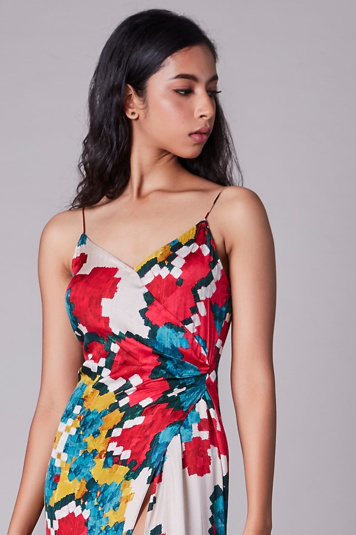 Multi-Colored Satin Ikat Printed Overlap Vacation Dress by Saaksha & Kinni at Pernia's Pop Up Shop