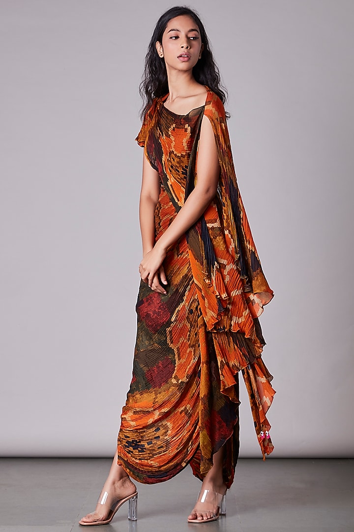 Orange Printed Pleated Draped Dress by Saaksha & Kinni