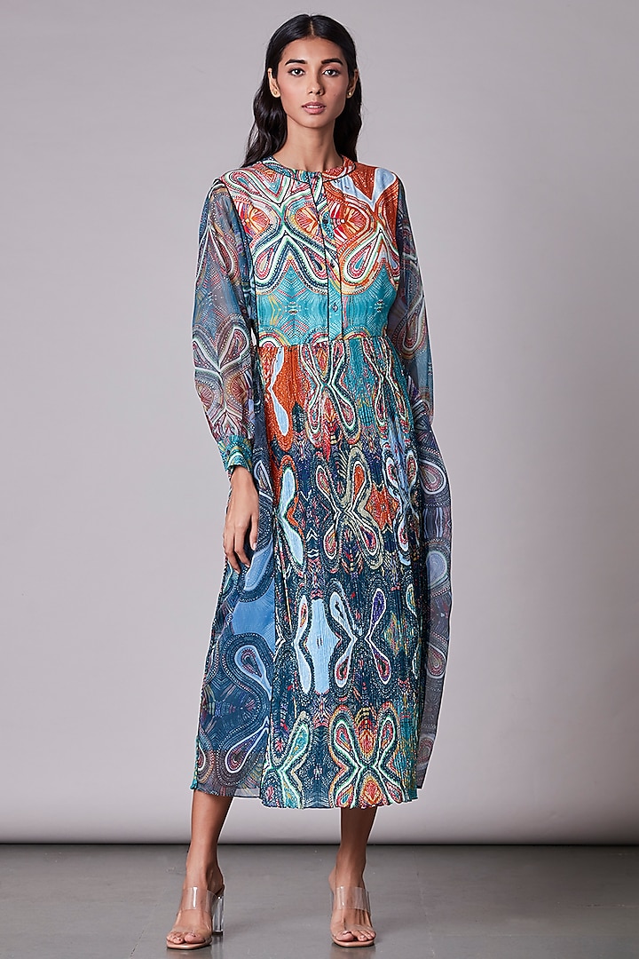 Multi-Colored Printed Pleated Kurta Dress by Saaksha & Kinni