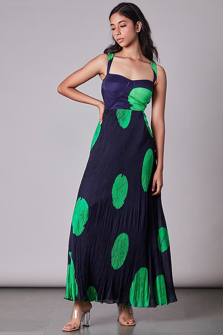 Blue & Green Polka Dotted Printed Maxi Dress by Saaksha & Kinni