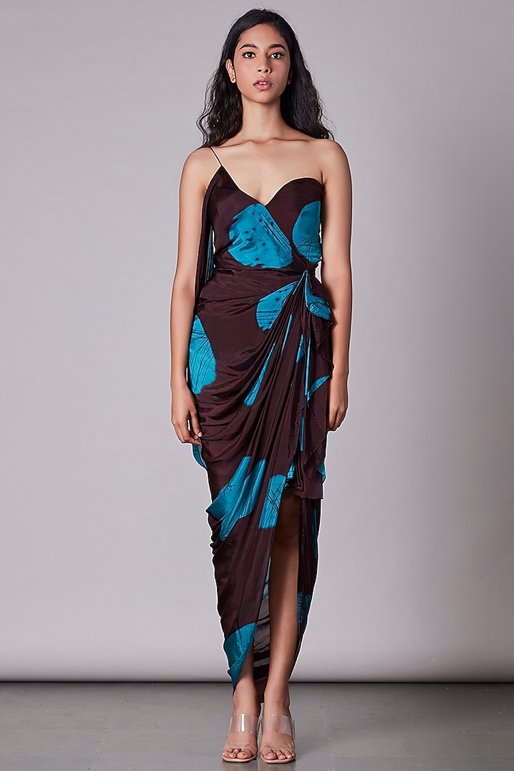 Blue & Green Polka Dotted Printed Draped Dress by Saaksha & Kinni