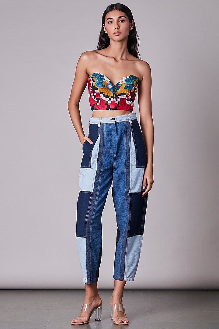 Blue Denim Jeans With Patchwork by Saaksha & Kinni at Pernia's Pop Up Shop