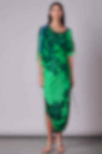 Green Chiffon Printed Draped Dress by Saaksha & Kinni at Pernia's Pop Up Shop