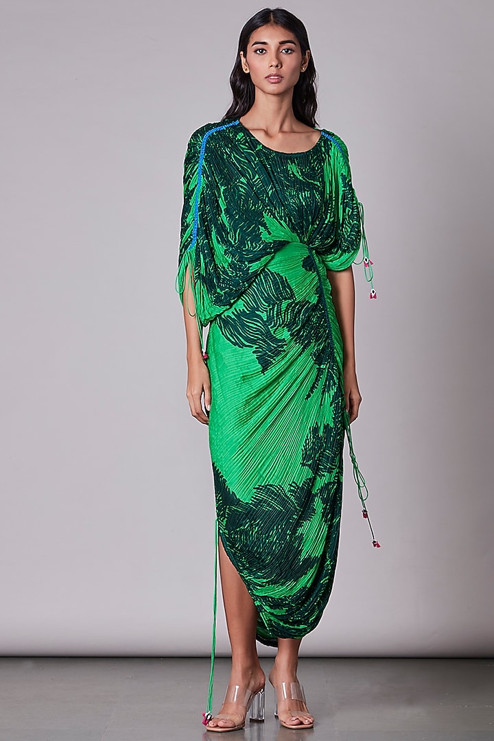 Green Chiffon Printed Draped Dress by Saaksha & Kinni at Pernia's Pop Up Shop