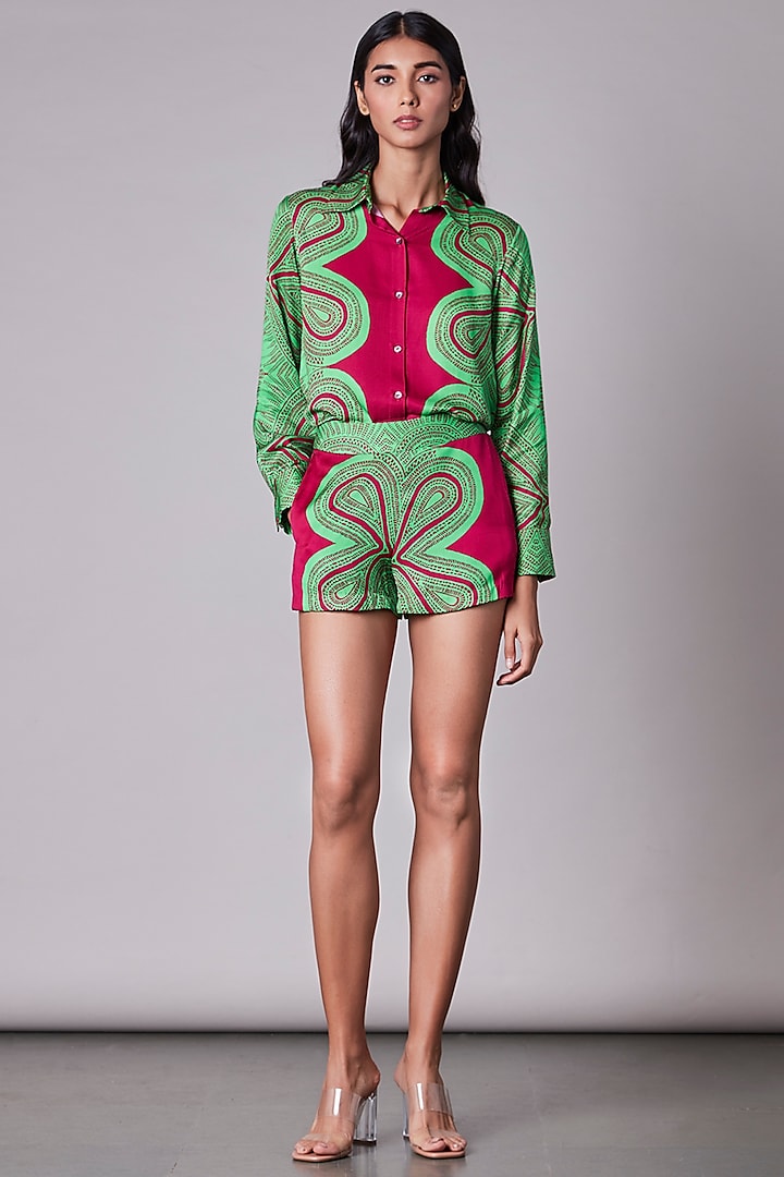 Green & Pink Printed High-Waisted Shorts by Saaksha & Kinni