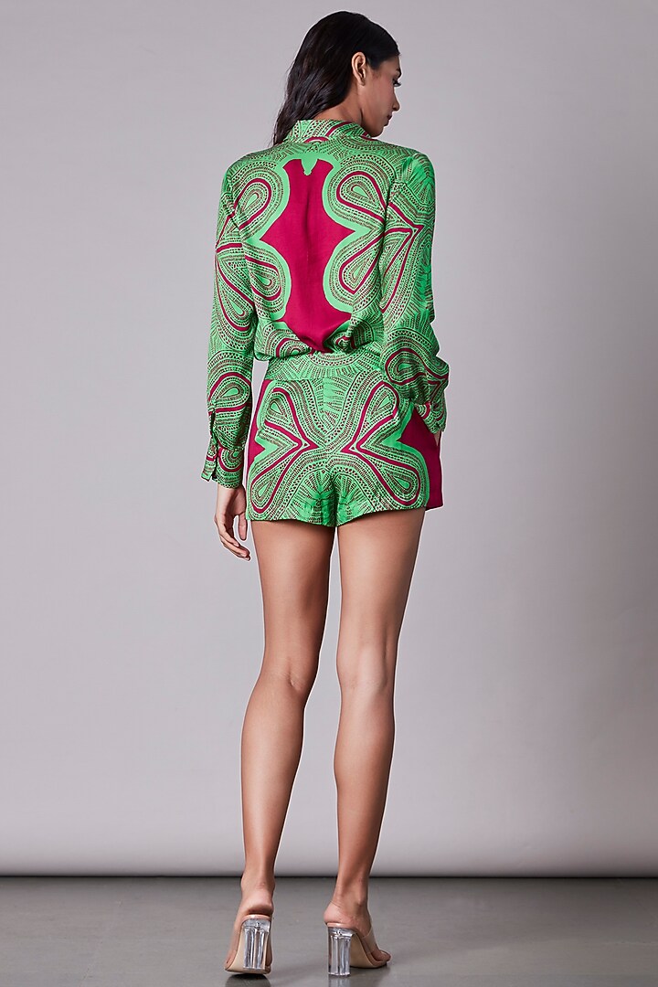 Green & Pink Printed High-Waisted Shorts by Saaksha & Kinni at Pernia's Pop Up Shop