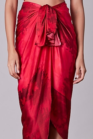 Cherry Satin Printed Asymmetrical Wrap Skirt by Saaksha & Kinni
