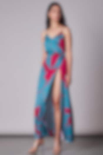 Pink & Turquoise Printed Overlap Dress by Saaksha & Kinni