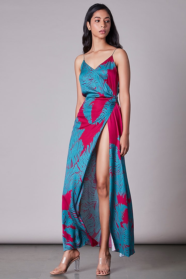 Pink & Turquoise Printed Overlap Dress by Saaksha & Kinni