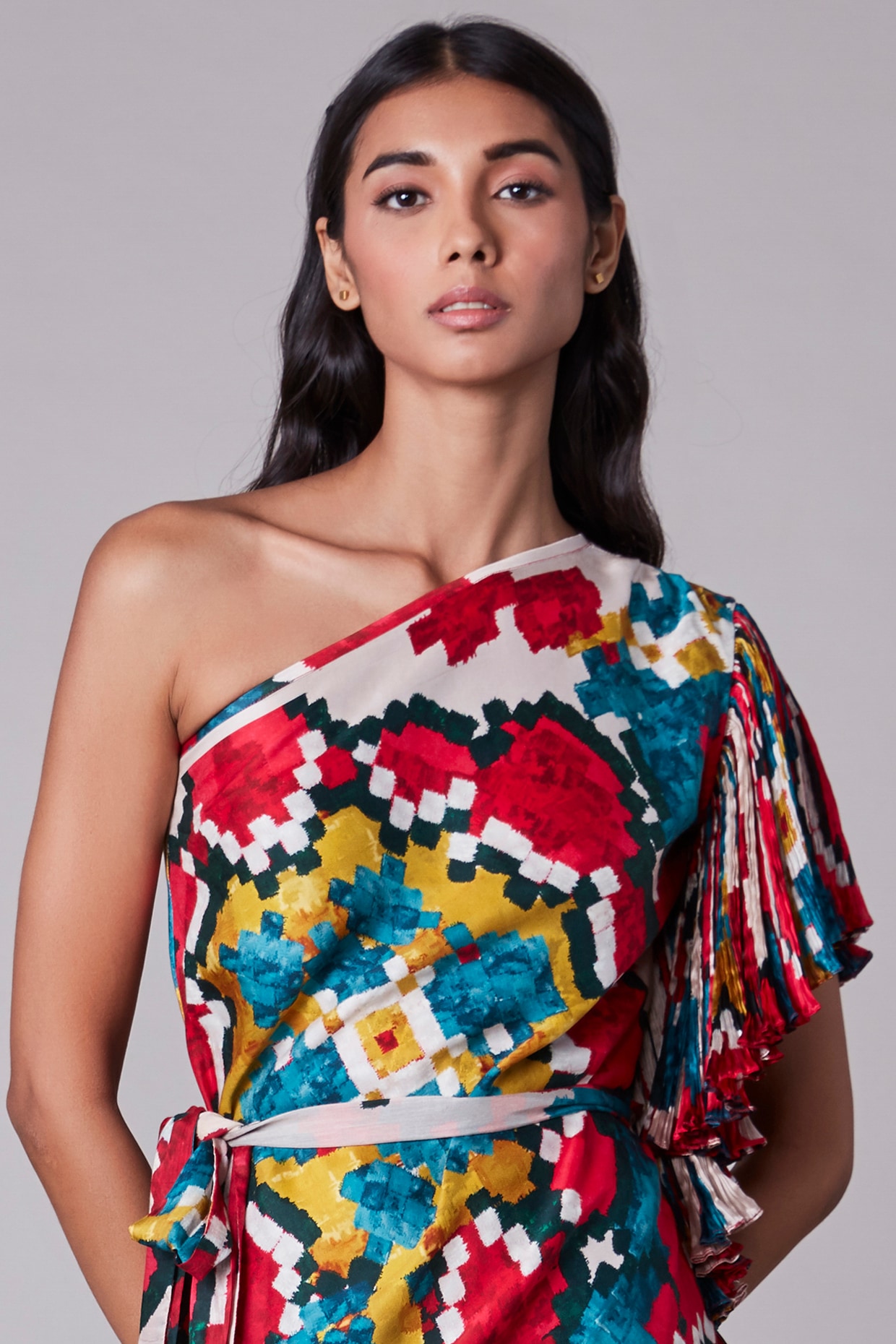 Multi-Colored Printed One-Shoulder Dress