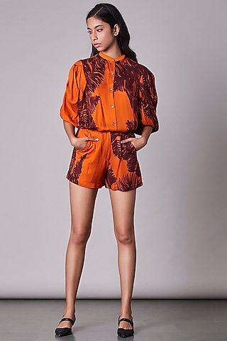 Orange Printed High-Waisted Shorts by Saaksha & Kinni