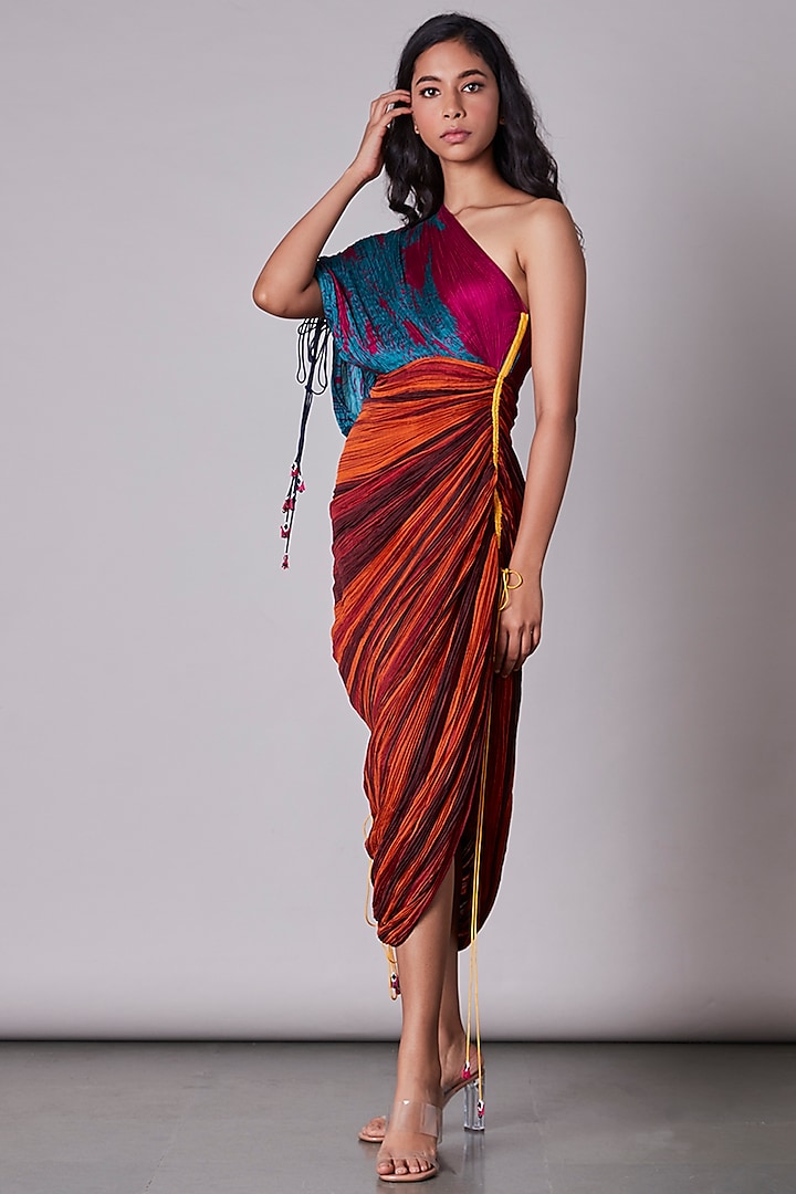 Multi-Coloured Printed Pleated Draped Dress by Saaksha & Kinni