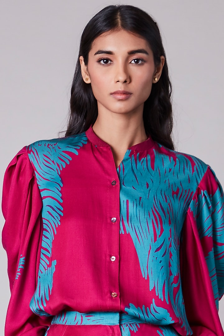 Pink & Turquoise Satin Shirt by Saaksha & Kinni at Pernia's Pop Up Shop