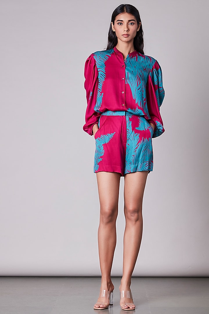 Pink & Turquoise Printed High-Waisted Shorts by Saaksha & Kinni