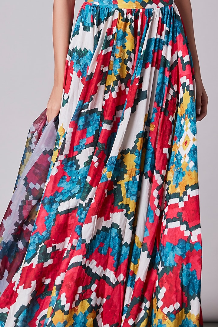 Multi-Colored Ikat Printed Lehenga by Saaksha & Kinni