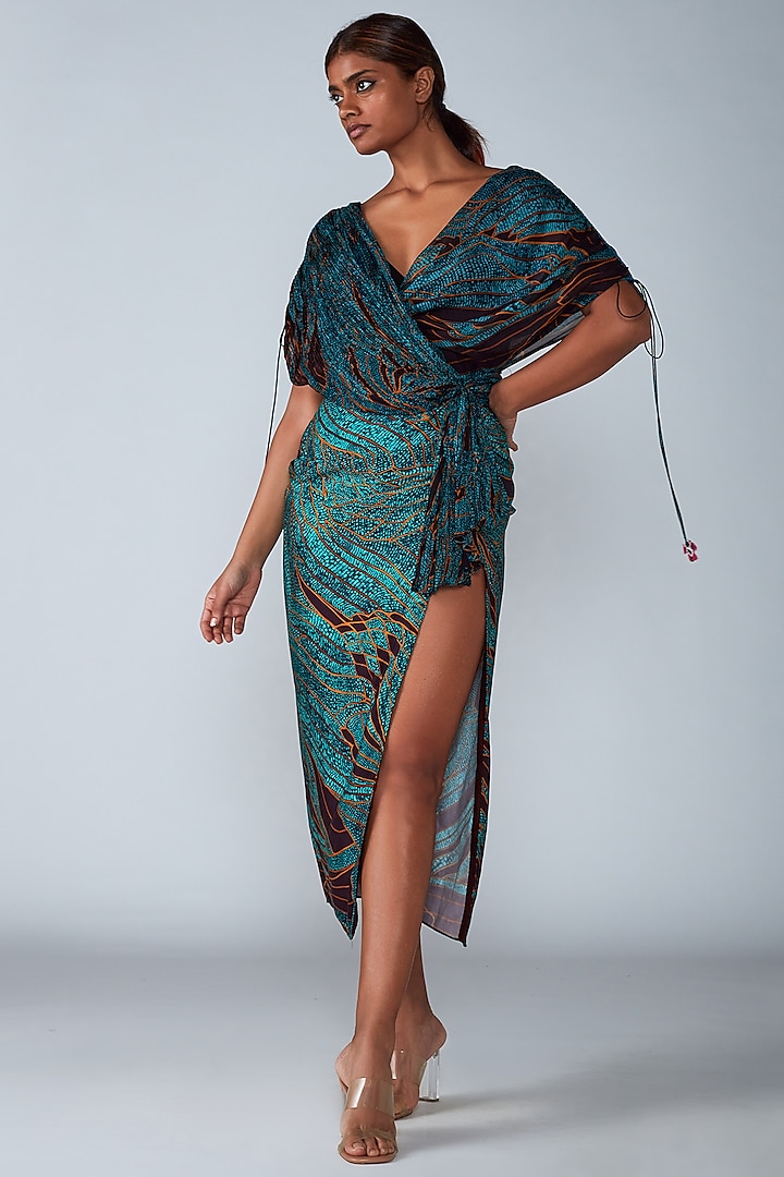 Turquoise Printed Saree Dress by Saaksha & Kinni