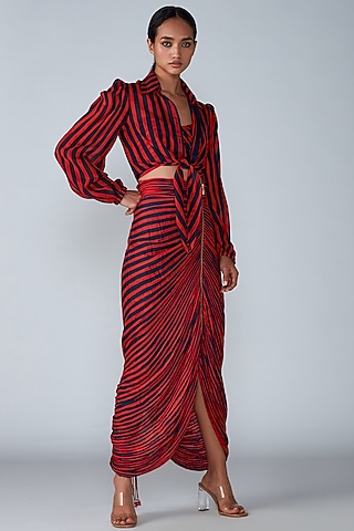 Red & Navy Cotton Silk Micro Pleated Striped Printed Skirt Set by Saaksha & Kinni