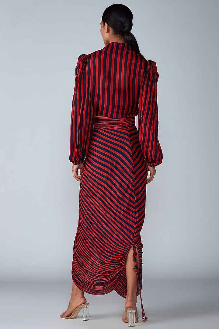 Red & Navy Cotton Silk Micro Pleated Striped Printed Skirt Set by Saaksha & Kinni at Pernia's Pop Up Shop