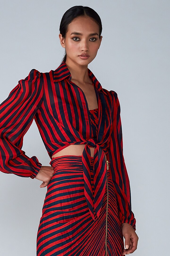 Red & Navy Cotton Silk Micro Pleated Striped Printed Skirt Set by Saaksha & Kinni at Pernia's Pop Up Shop
