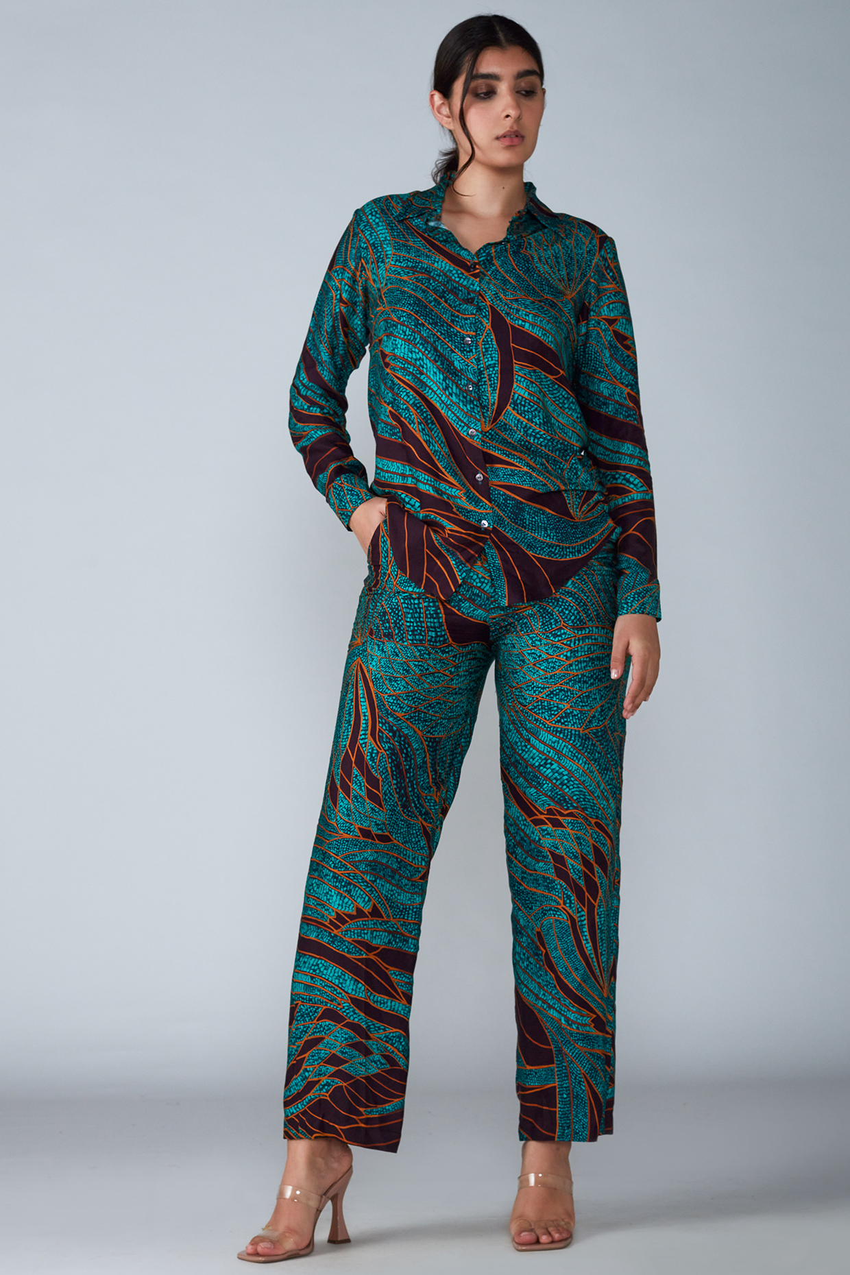 Turquoise Abstract Printed Pant Set by Saaksha & Kinni at Pernia's Pop Up Shop